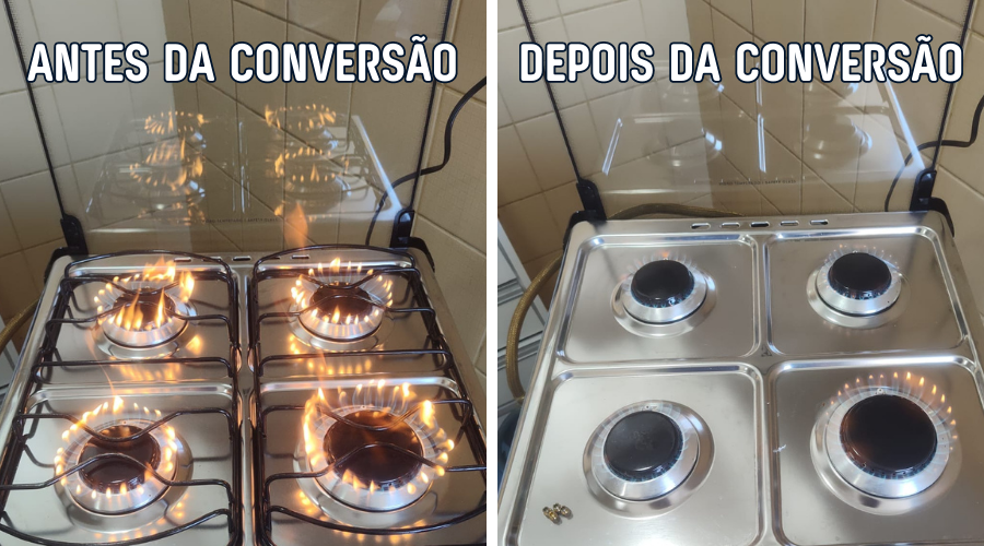 imagem bipatida, na esquerda um fogão aceso sem converter e à direita o mesmo equipamento com a conversão de gás realizada. 